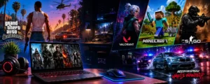 Low-end gaming setup featuring GTA San Andreas, Valorant, Minecraft, CS GO, and Need for Speed Most Wanted on a 4GB RAM PC without a graphics card