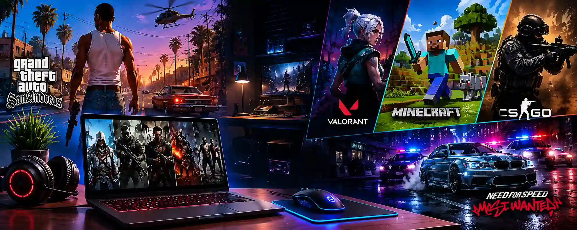 Low-end gaming setup featuring GTA San Andreas, Valorant, Minecraft, CS GO, and Need for Speed Most Wanted on a 4GB RAM PC without a graphics card