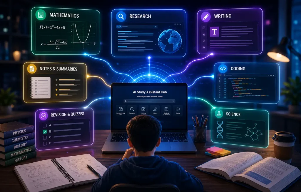 AI homework assistant dashboard for research, writing, math, coding, and studying