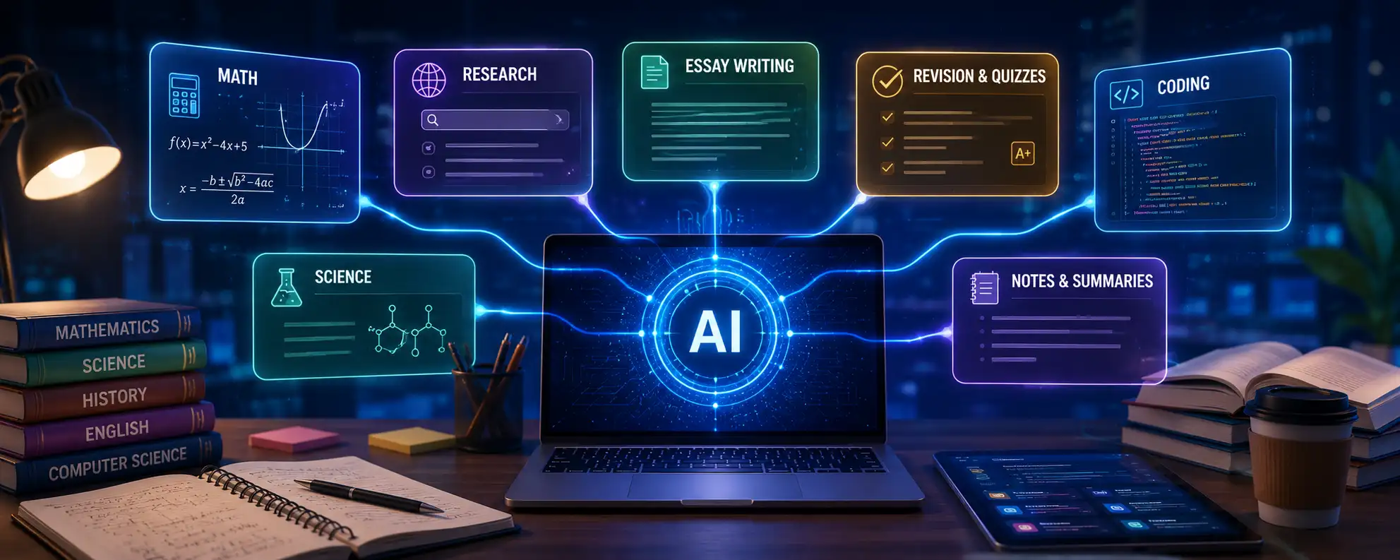 AI-powered learning hub connecting homework, research, writing, coding, and study tools