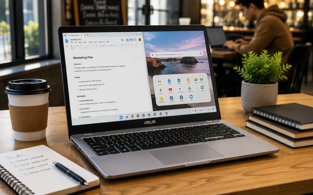 ASUS Chromebook Plus CX34 budget Chromebook in a café workspace