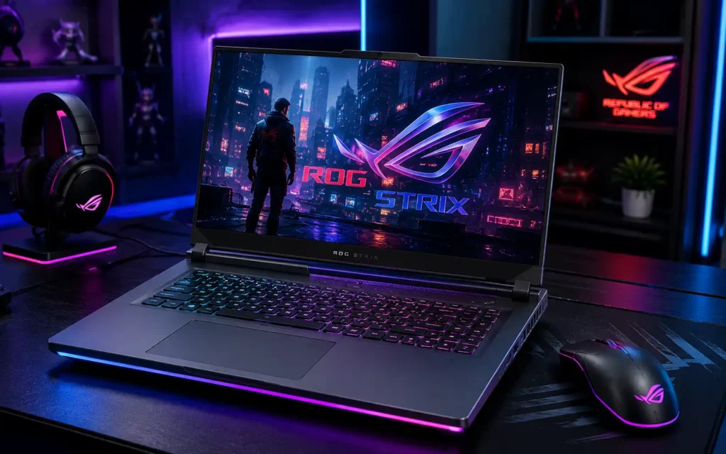 ASUS ROG Strix G16 gaming laptop with RGB gaming setup
