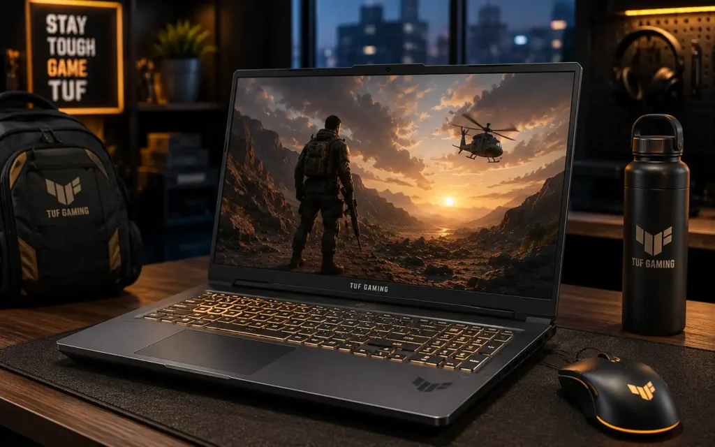 ASUS TUF Gaming A15 laptop in portable gaming workspace