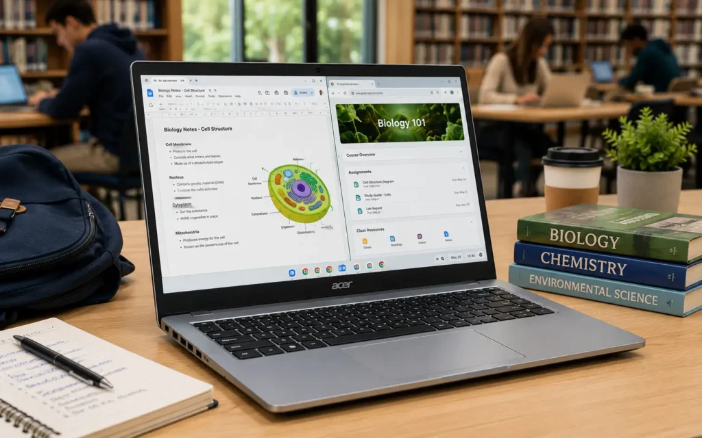 Acer Chromebook Plus 514 student laptop in a library setting