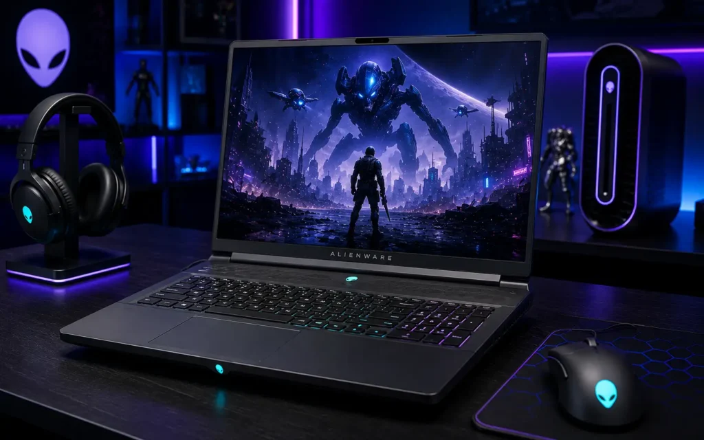 Alienware m16 R2 premium gaming laptop with futuristic setup