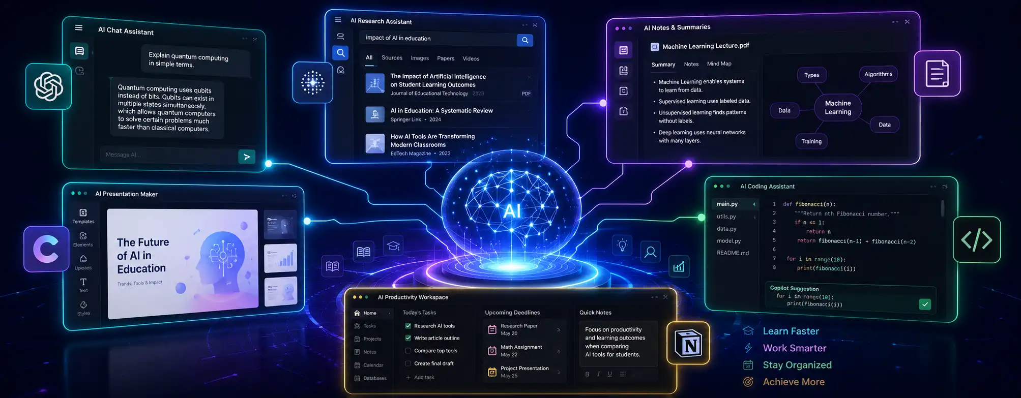 Best AI tools for students dashboard showing research, writing, coding, notes, and productivity features