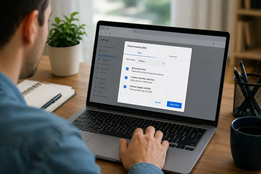 Clearing browser cache and cookies