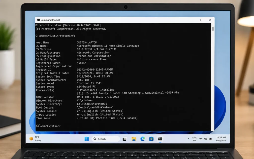 Command Prompt displaying system information and laptop specifications in Windows 11
