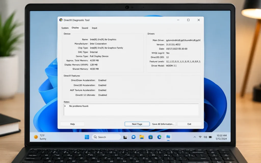 DirectX Diagnostic Tool displaying graphics card and DirectX information in Windows 11