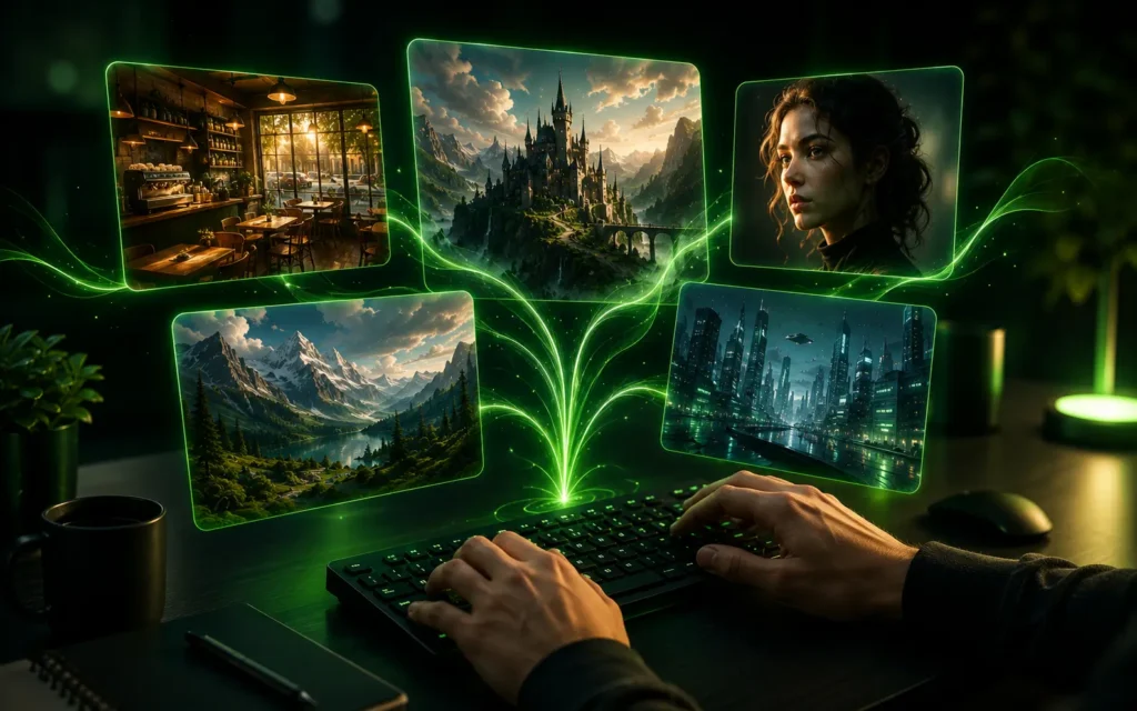 Futuristic workspace with glowing holograms