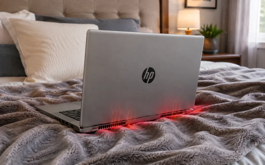HP laptop on a bed with blocked airflow causing overheating