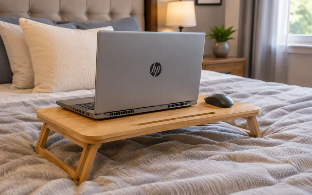 HP laptop on a wooden lap desk with proper airflow