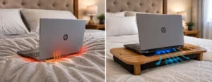 HP laptop on bed safe vs unsafe setup comparison