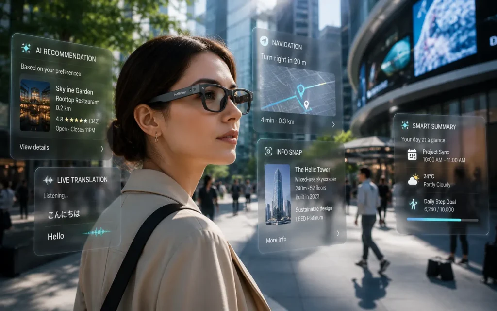 Halliday AI glasses providing contextual recommendations in a smart city
