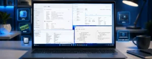 Laptop specifications overview in Windows 11 showing CPU, RAM, GPU, and system information