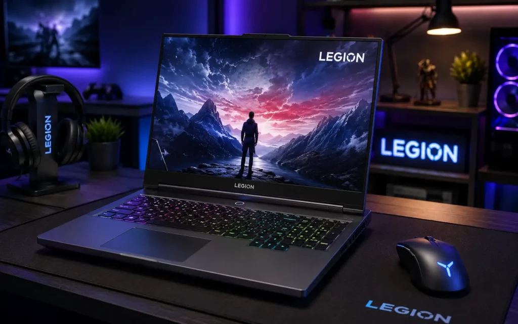 Lenovo Legion Pro 5i gaming laptop on modern workstation