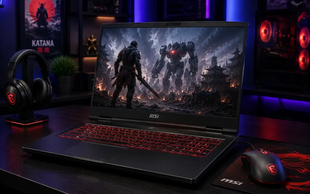 MSI Katana 15 RTX gaming laptop in RGB gaming room