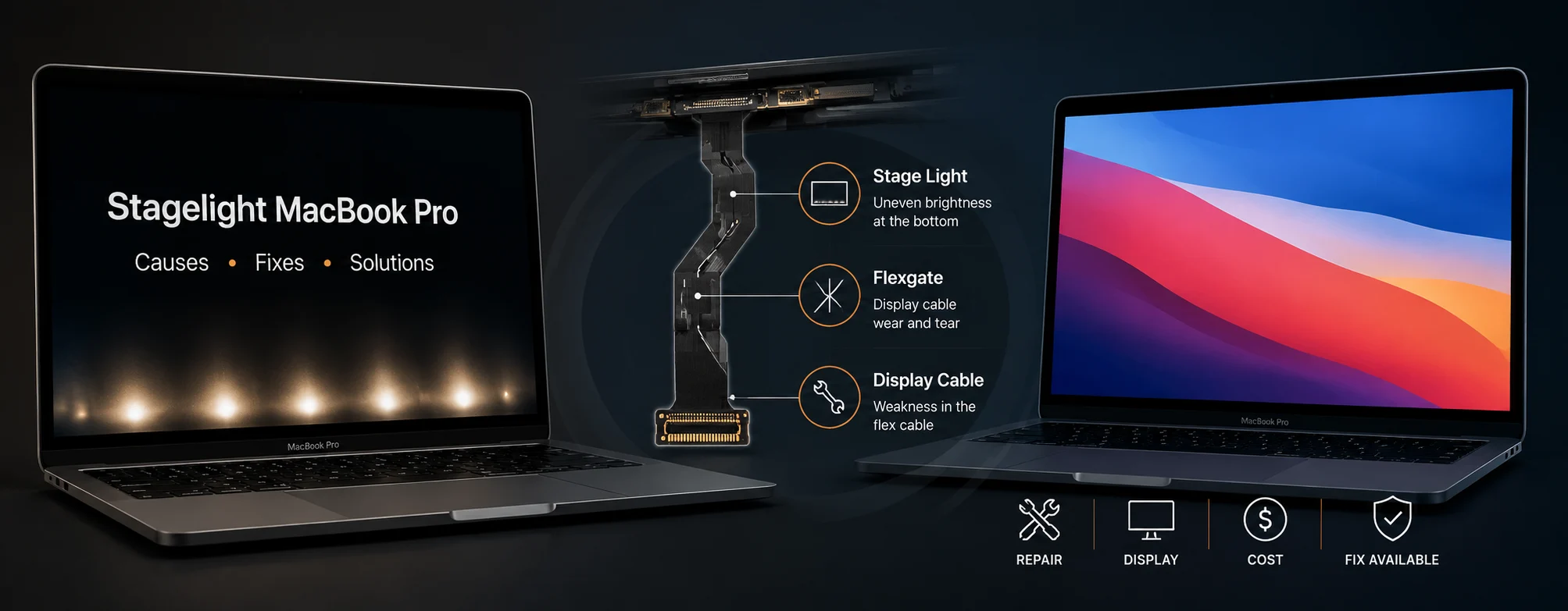 MacBook Pro Stage Light issue banner showing display damage, Flexgate cable, and repair solutions