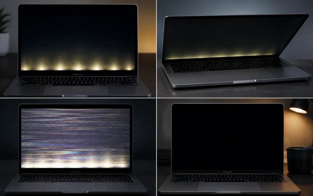 MacBook Pro Stage Light symptoms collage showing bright spots, flickering display, angle-related black screen, and backlight failure