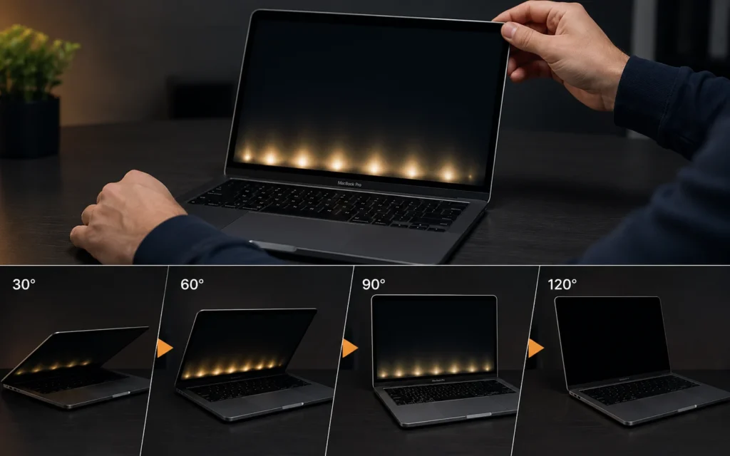 MacBook Pro temporary testing showing Stage Light symptoms at different screen opening angles