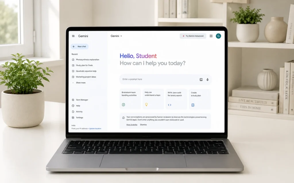 Minimalist desk with Google Gemini interface