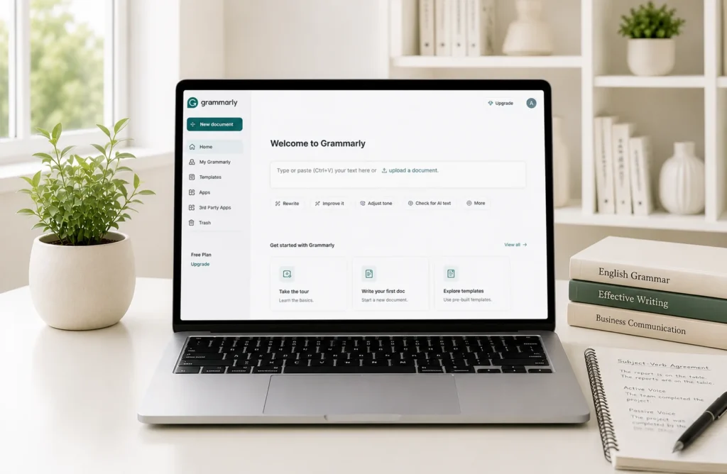 Minimalist desk with Grammarly workspace