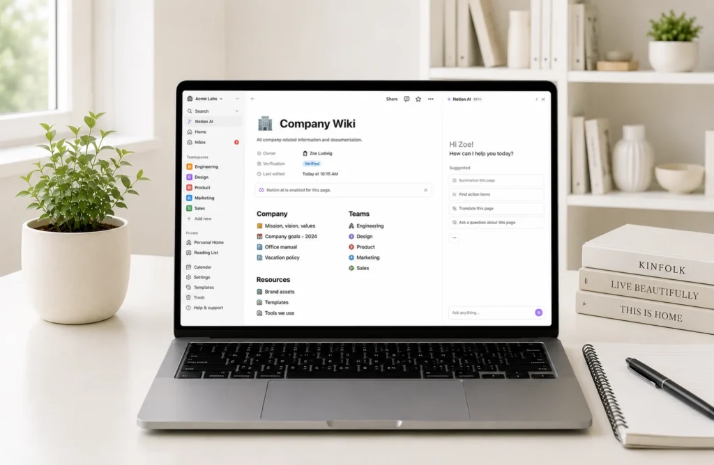 Minimalist workspace with Notion AI tools