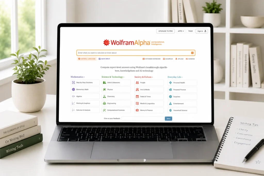 Minimalist workspace with WolframAlpha interface