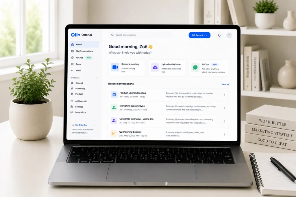 Modern desk with Otter.ai dashboard
