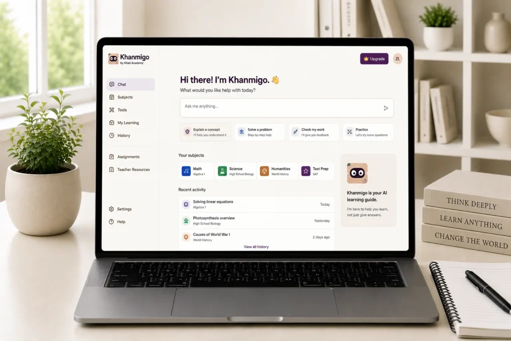 Modern workspace with AI Khanmigo interface