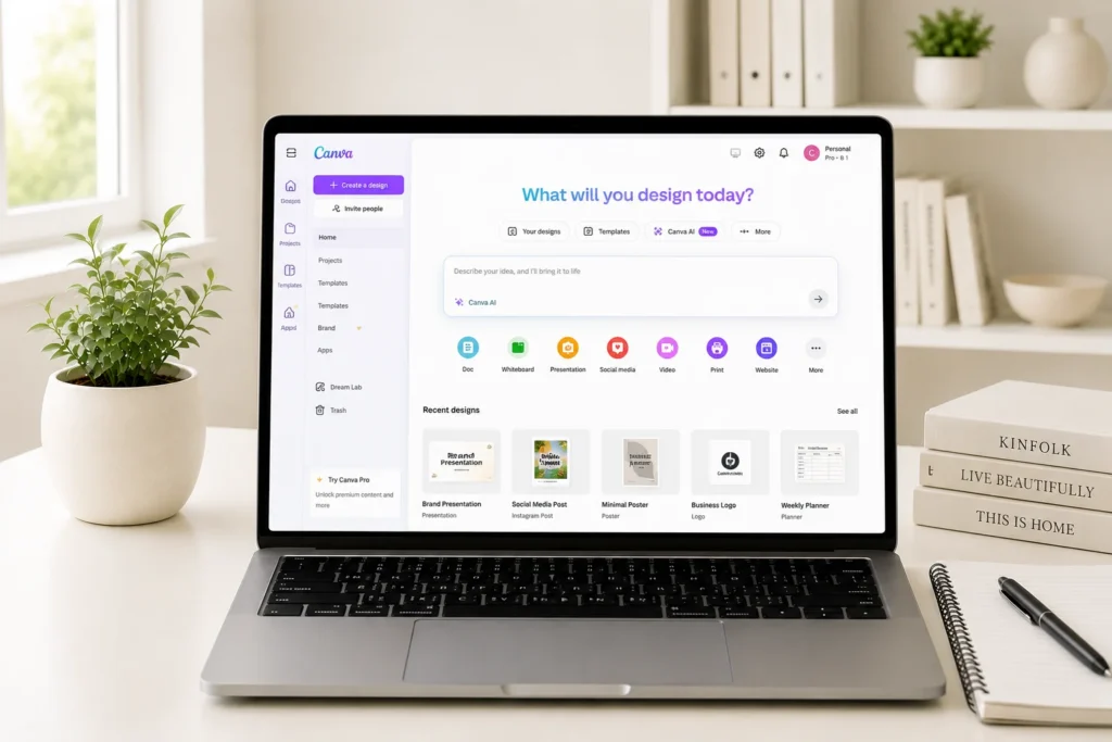 Modern workspace with Canva open
