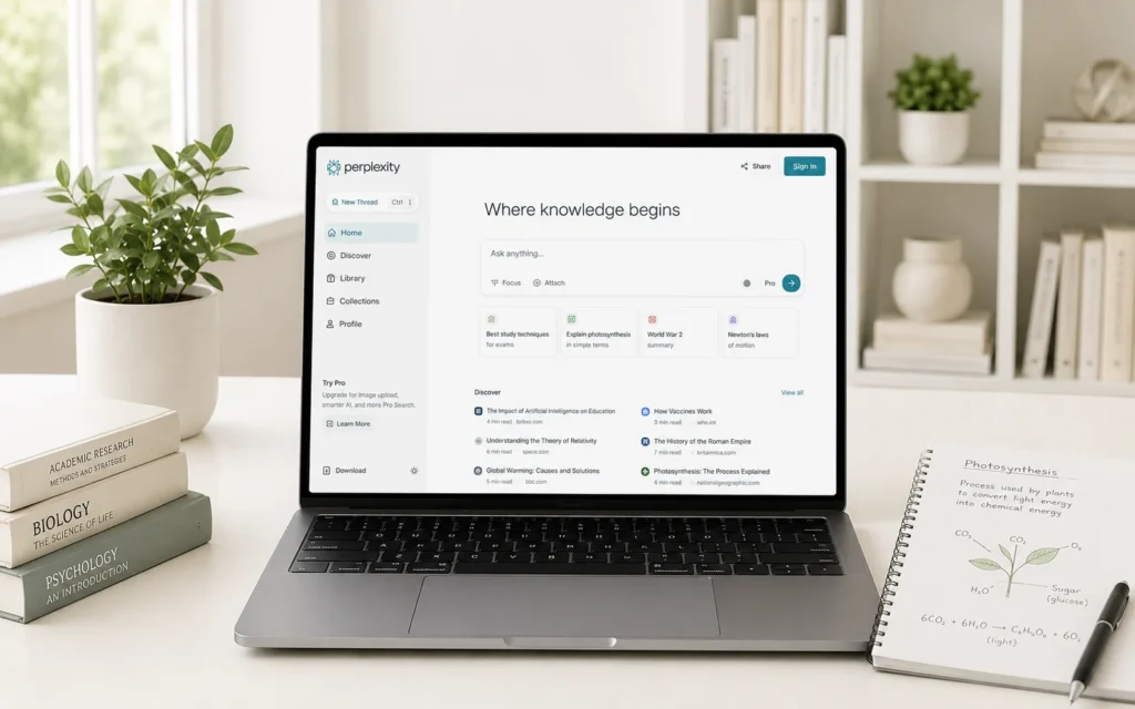 Modern workspace with Perplexity AI tools