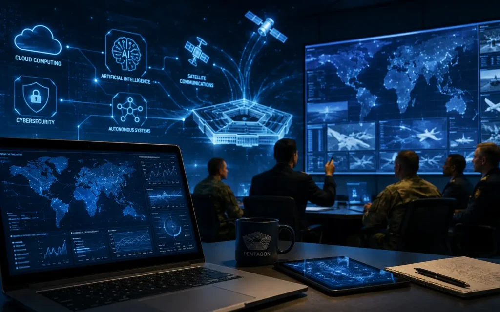 Pentagon briefing in a futuristic command room