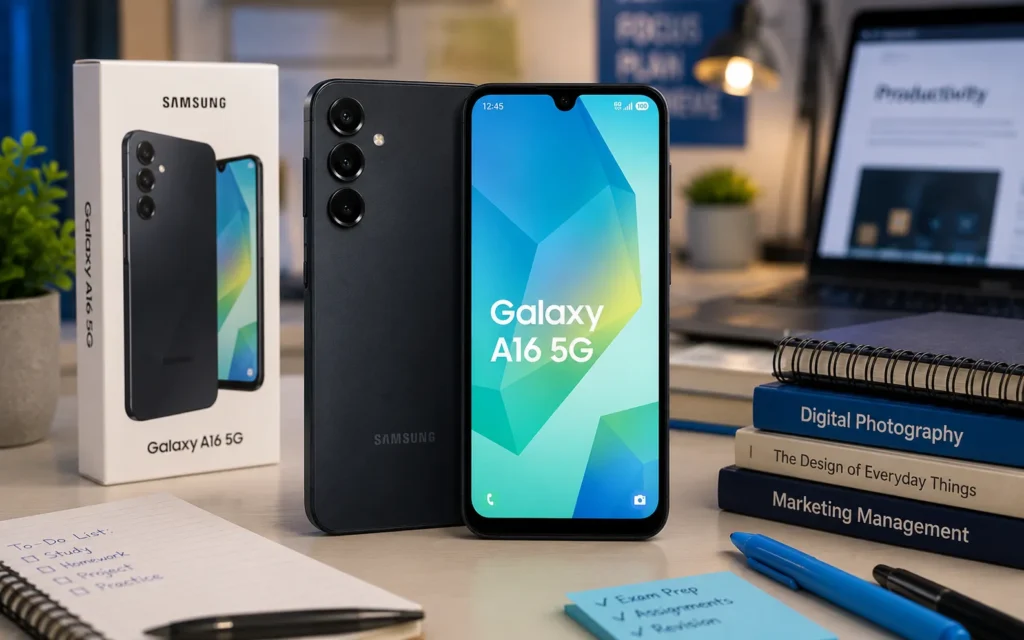 Samsung Galaxy A16 5G in student workspace setup