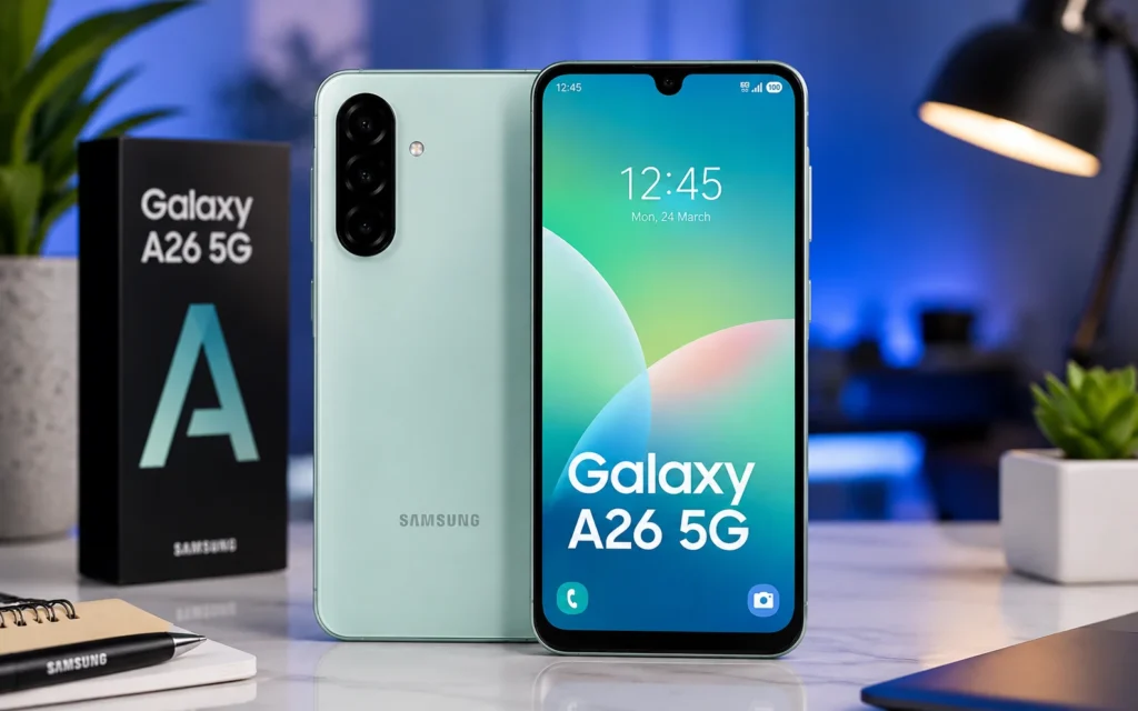 Samsung Galaxy A26 5G on modern workspace desk