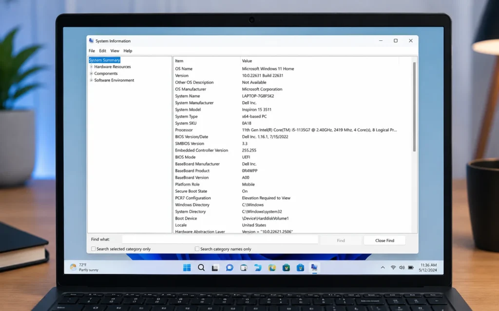 System Information tool showing detailed laptop hardware and system specifications