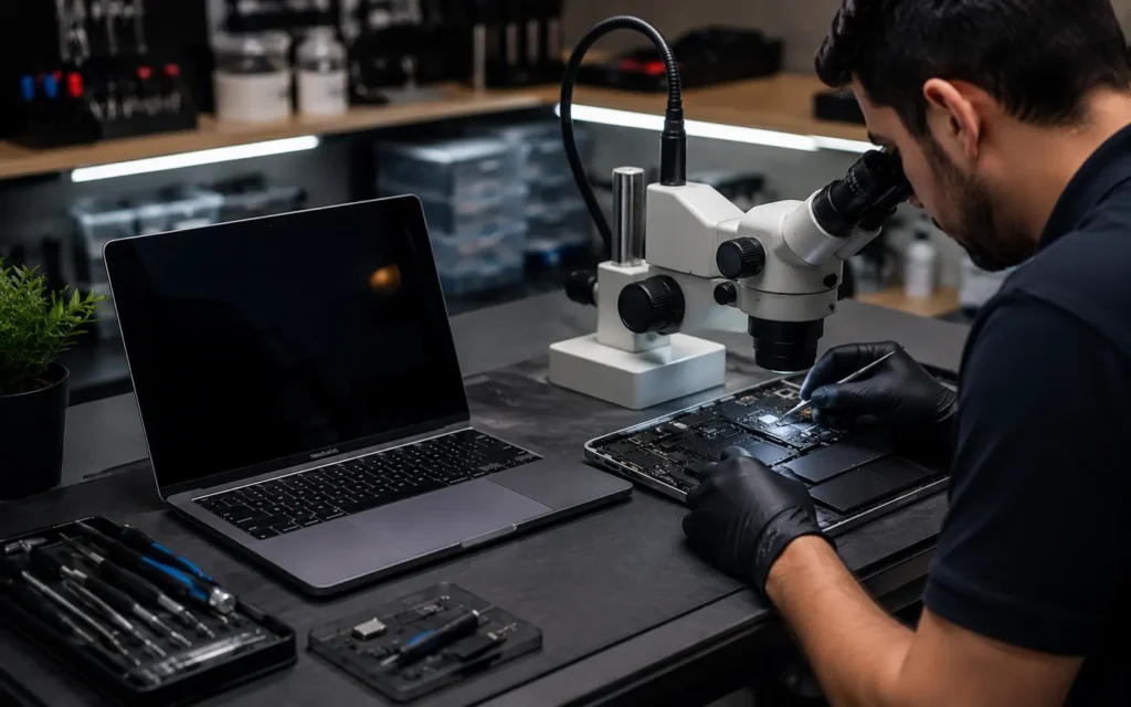Technician repairing a MacBook Pro at a third-party repair shop using professional tools and a microscope