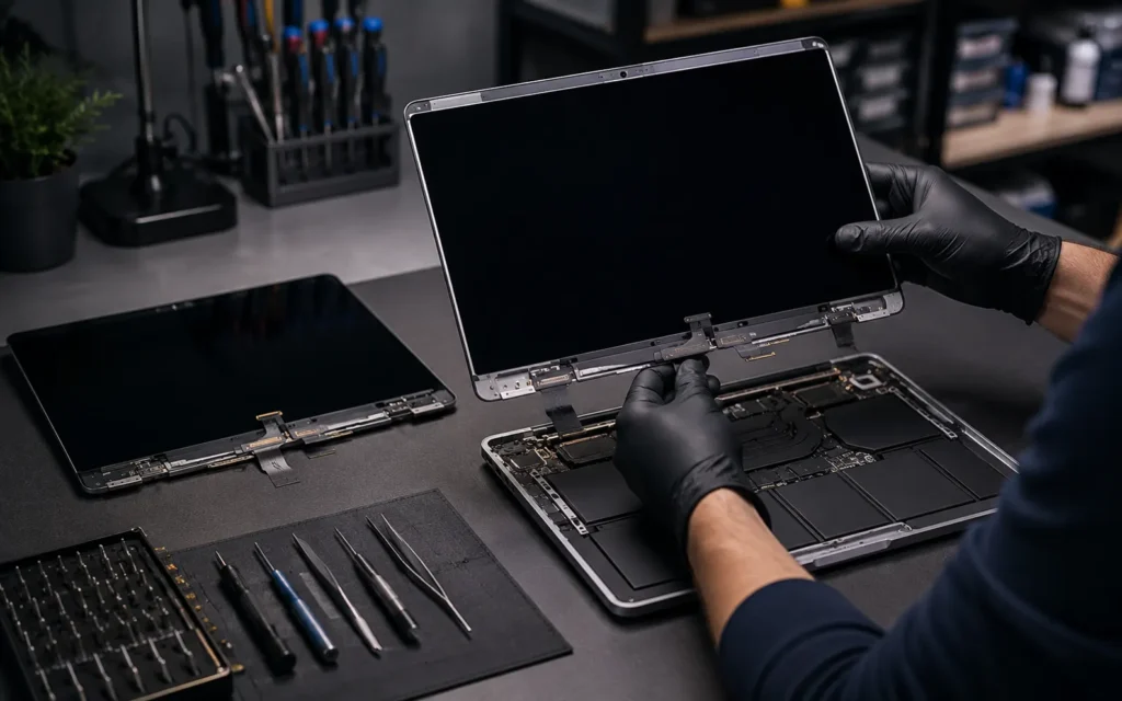 Technician replacing a MacBook Pro display assembly during a professional screen repair