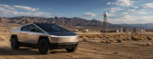 Tesla Cybertruck at a desert military testing range