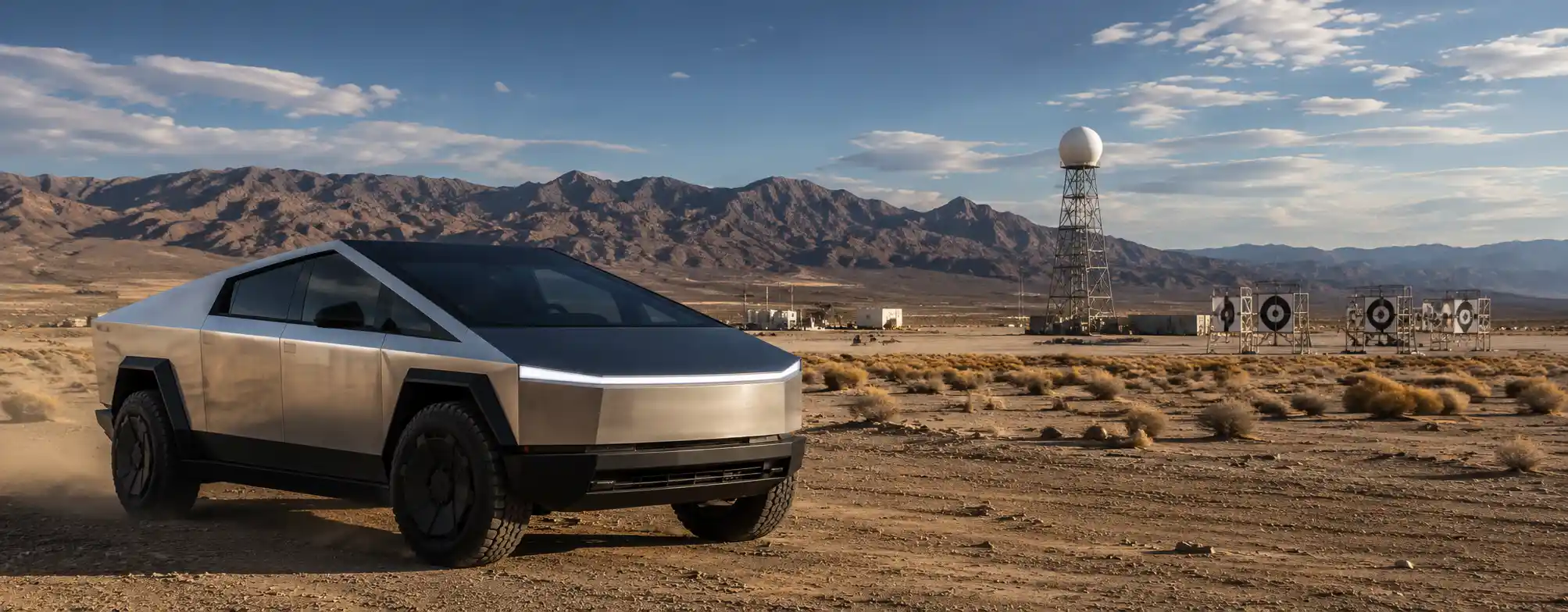 Tesla Cybertruck at a desert military testing range