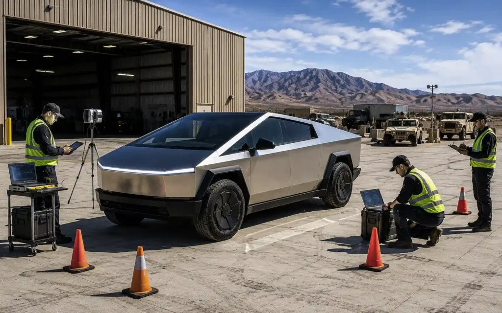 Tesla Cybertruck undergoing inspection at a military testing facility