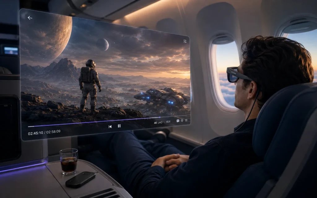 VITURE Pro XR glasses displaying a virtual cinema screen on a flight