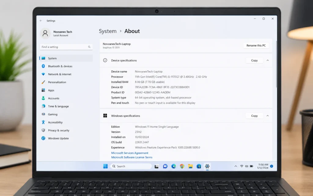 Windows 11 About page displaying laptop specifications and system details