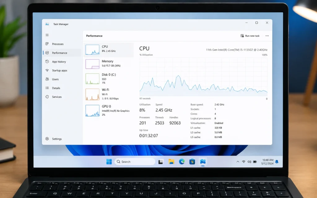 Windows 11 Task Manager Performance tab showing CPU, RAM, and GPU usage