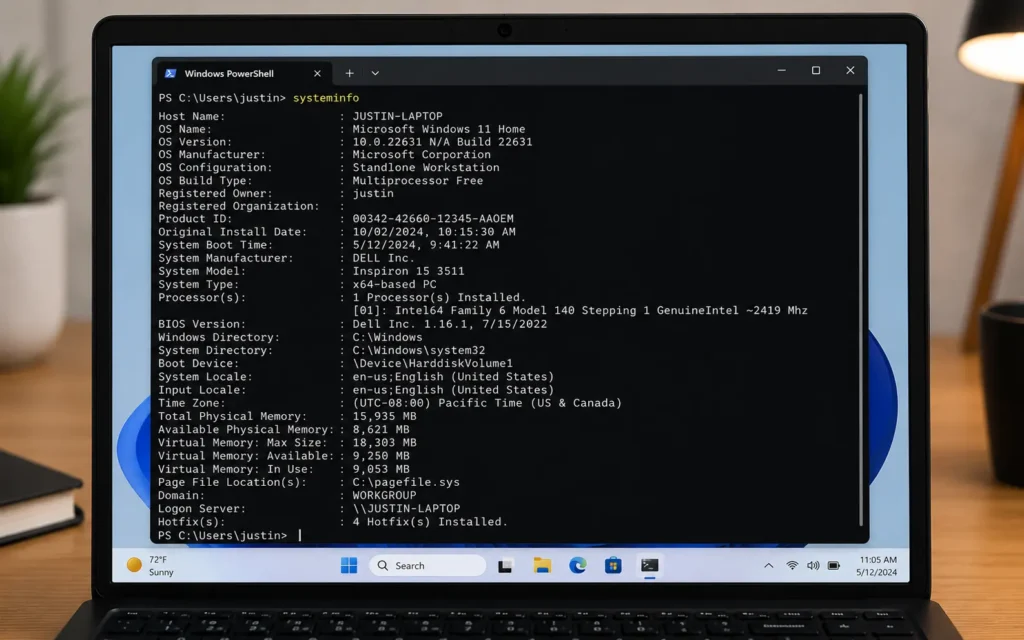 Windows Terminal displaying detailed laptop specifications and system information