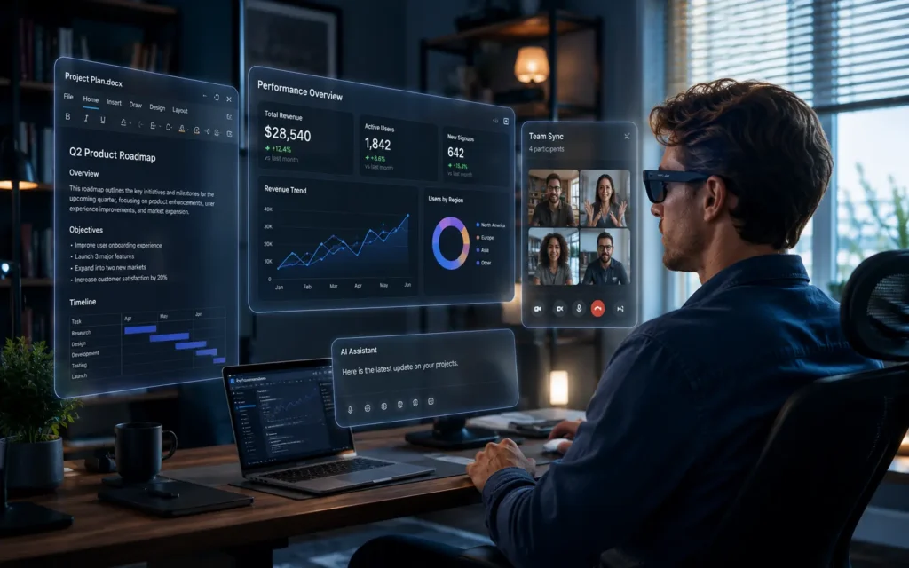 XREAL One smart glasses creating a virtual productivity workspace
