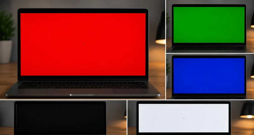 Colorful laptop test screens collage