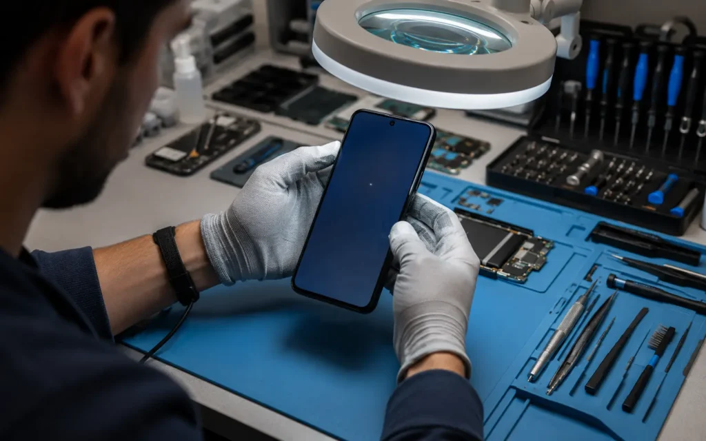 Technician inspecting a phone screen with display spot